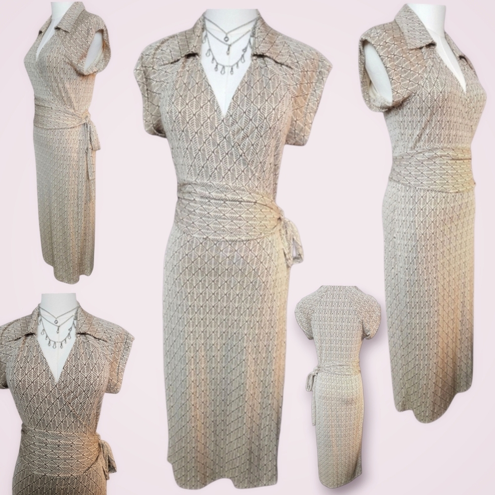 Diane Von Furstenberg Beige Geometric Wrap Dress, size 8
